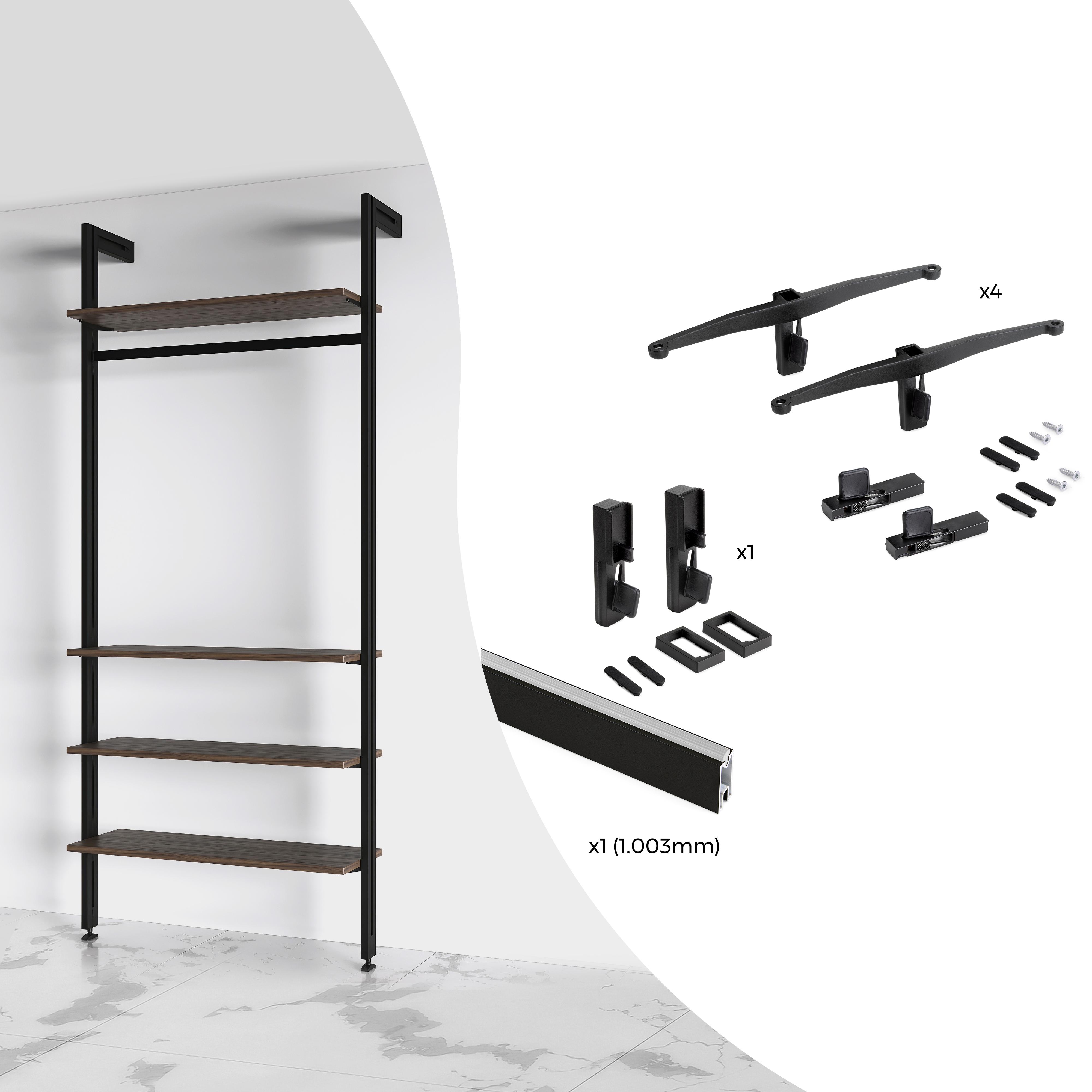 Kit de soportes para 4 estantes de madera y 1 barra de colgar de longitud  1m Zero, Aluminio y Zamak y Plástico, Pintado color negro texturizado