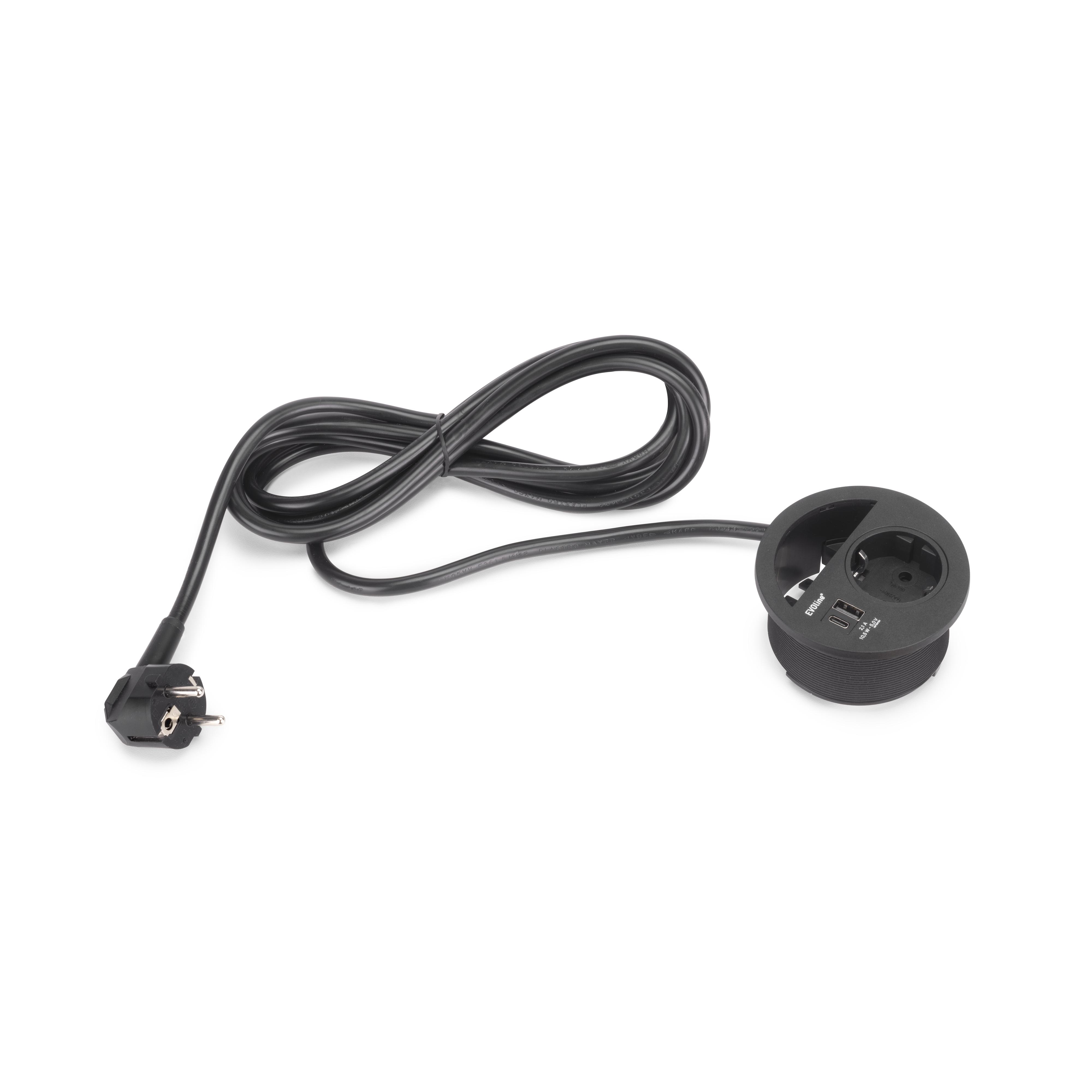 Multiconector Circle 80, diámetro 80mm, 1 enchufe tipo Schuko, 1 USB tipo  A, 1 USB tipo C, Plástico, Pintado negro