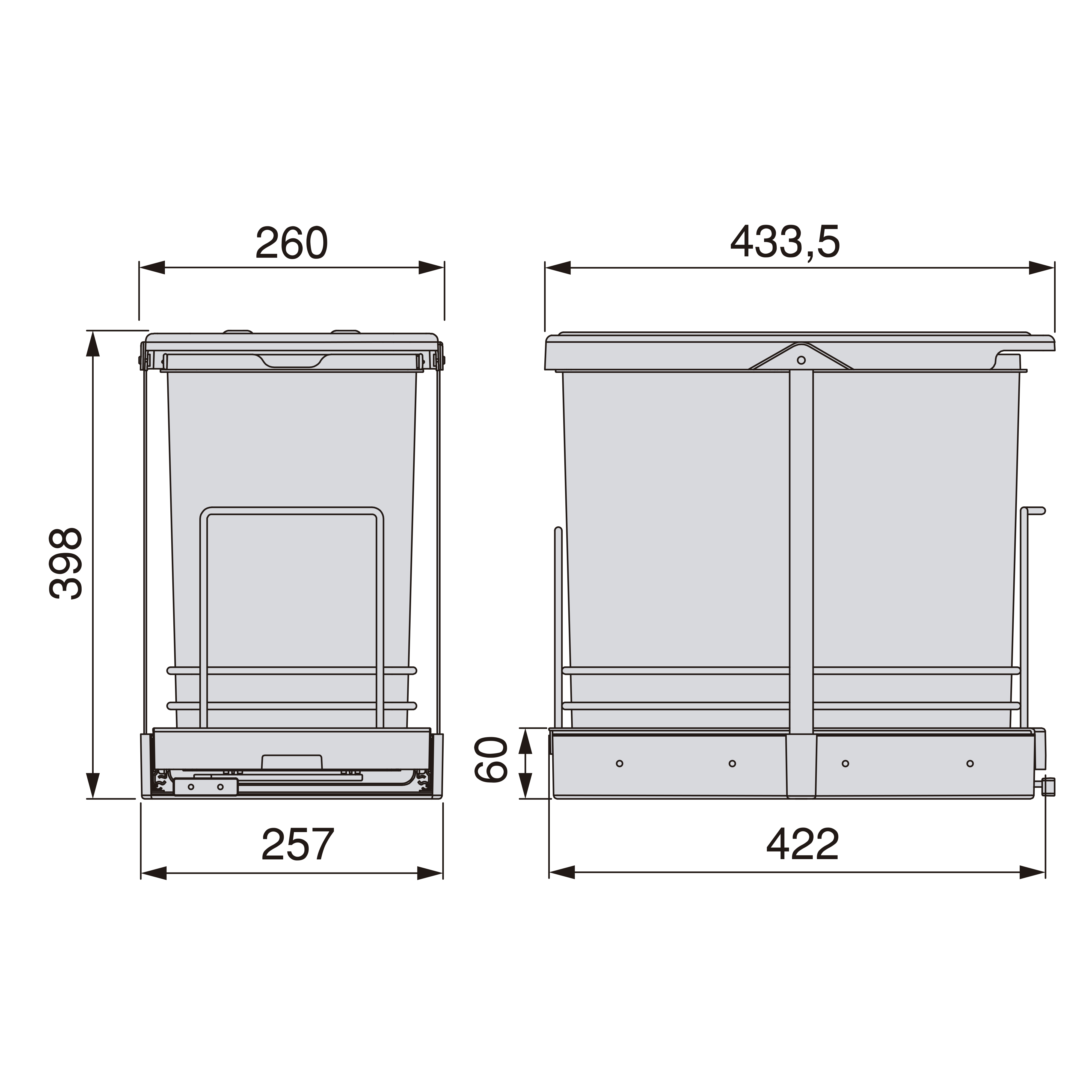 Contenedor de reciclaje para fijación inferior y extracción manual en  mueble de cocina Recycle 2x35litros, Plástico gris antracita