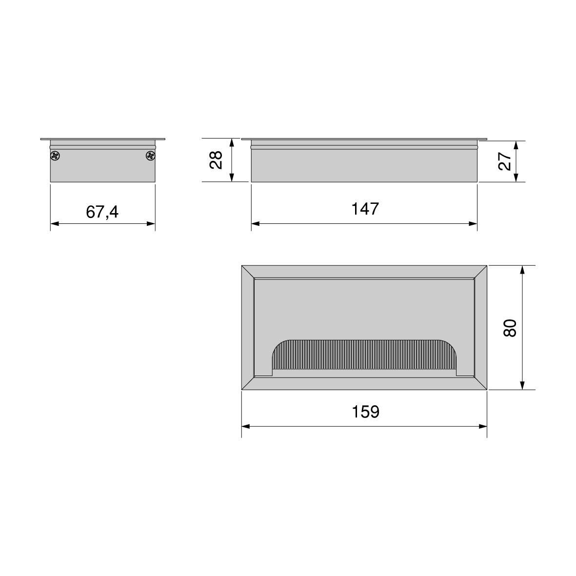 Emuca Pasacables mesa, rectangular, 158 x 80 mm, para encastrar, Aluminio,  Anodizado mate, 5 ud. - Ferretería Campollano